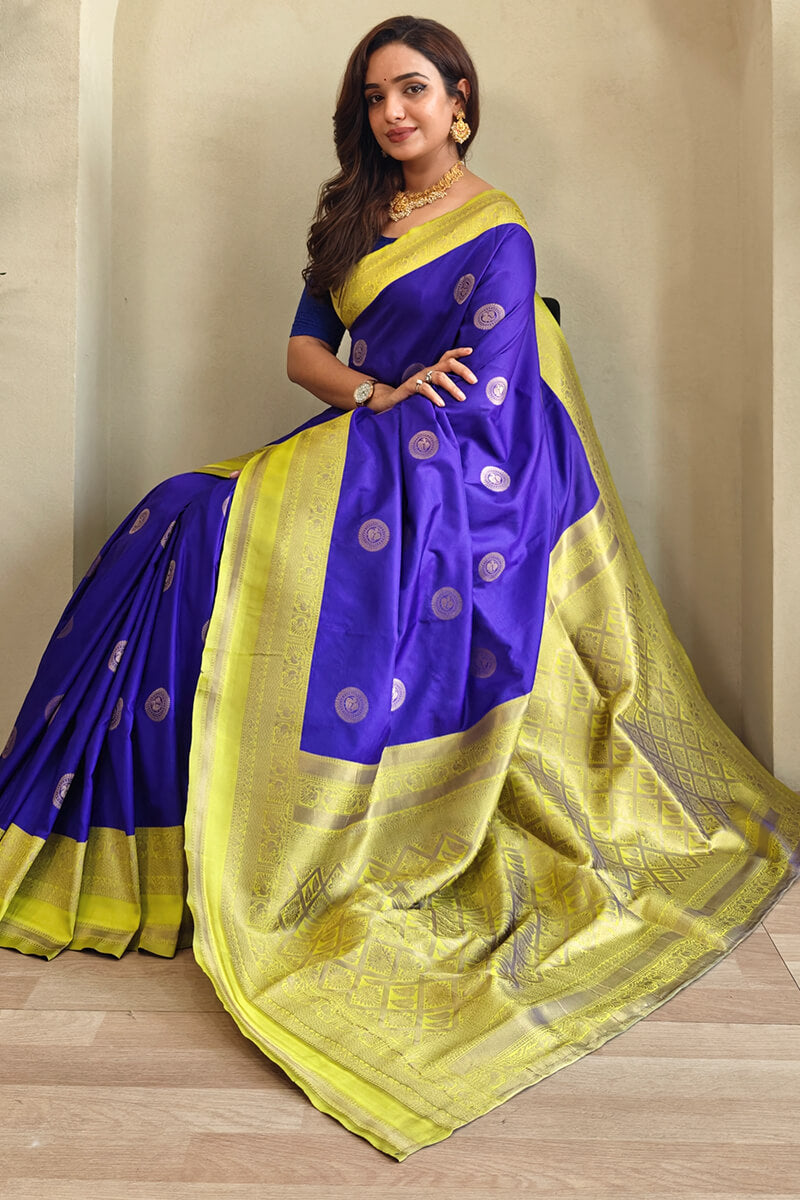 Bluish Purple Zari Woven Soft Banarasi Silk Saree