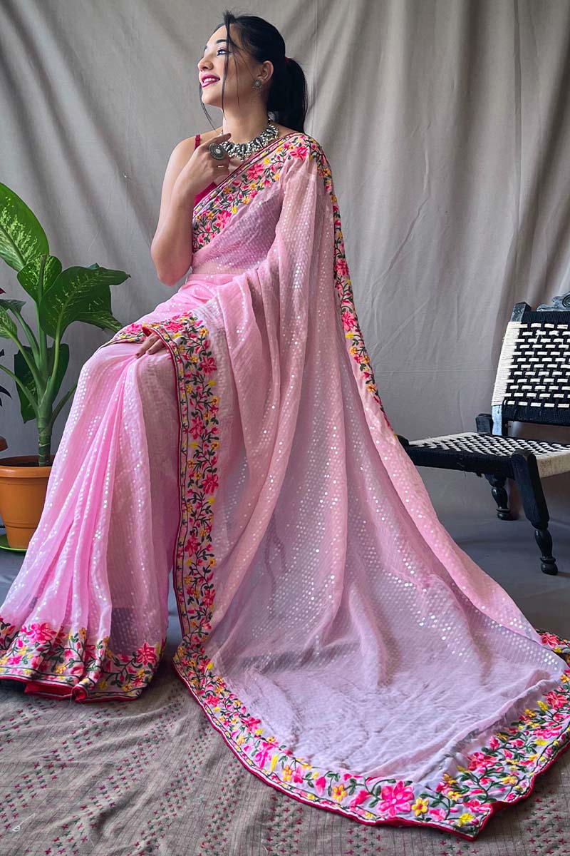 Blush Pink Embroidered Sequence Work Georgette Saree