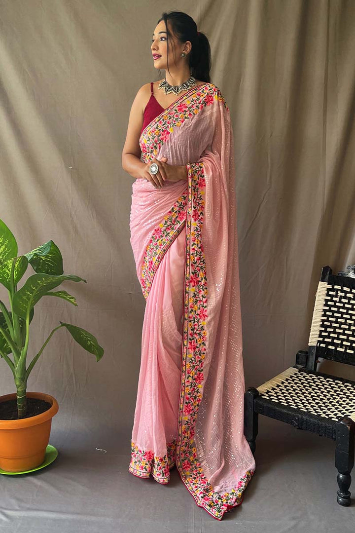 Blush Pink Embroidered Sequence Work Georgette Saree