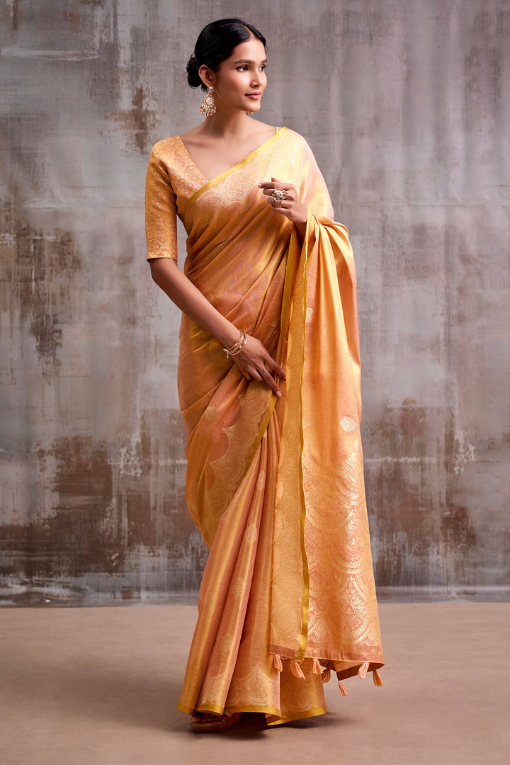 Blushing Peach Zari Woven Banarasi Tissue Silk Saree
