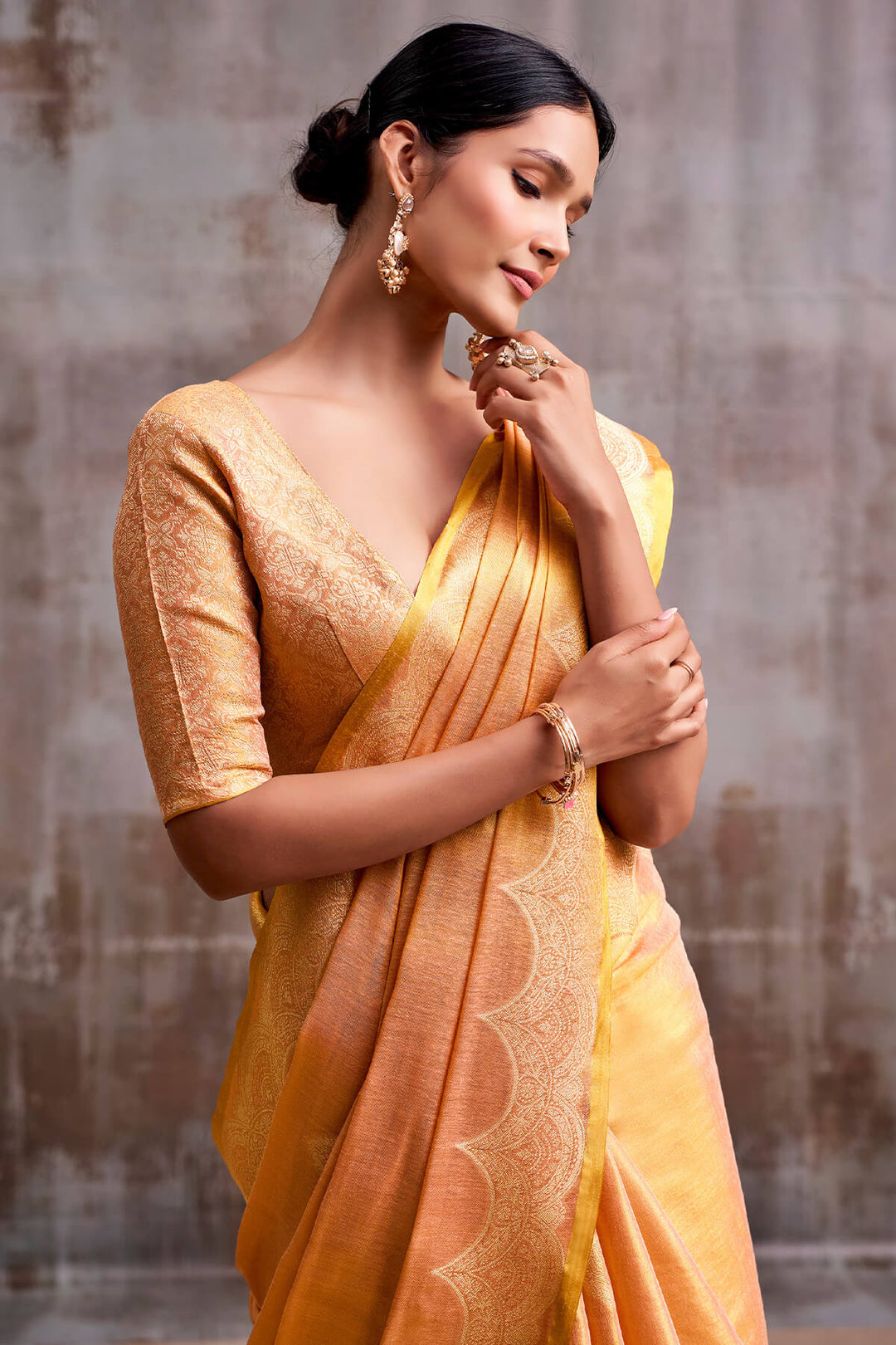 Blushing Peach Zari Woven Banarasi Tissue Silk Saree