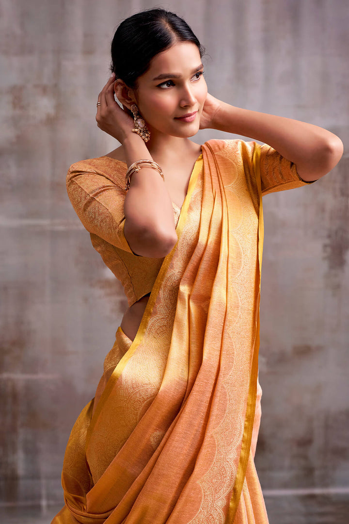 Blushing Peach Zari Woven Banarasi Tissue Silk Saree