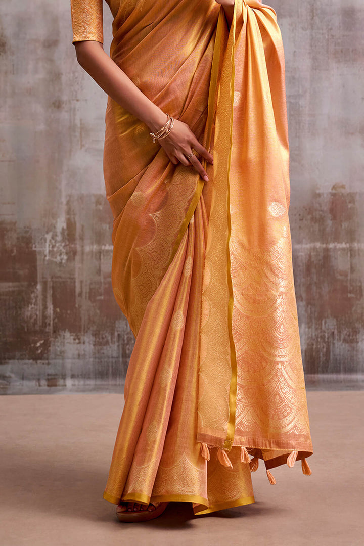 Blushing Peach Zari Woven Banarasi Tissue Silk Saree