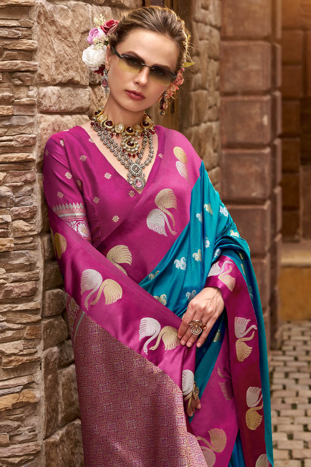Bondi Blue Satin Silk Saree