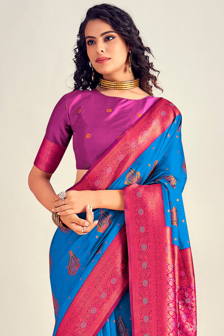 Bondi Blue Soft Banarasi Silk Saree