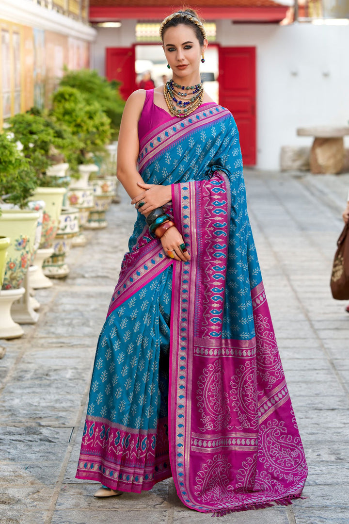 Bondi Blue Soft Ikkat Silk Saree