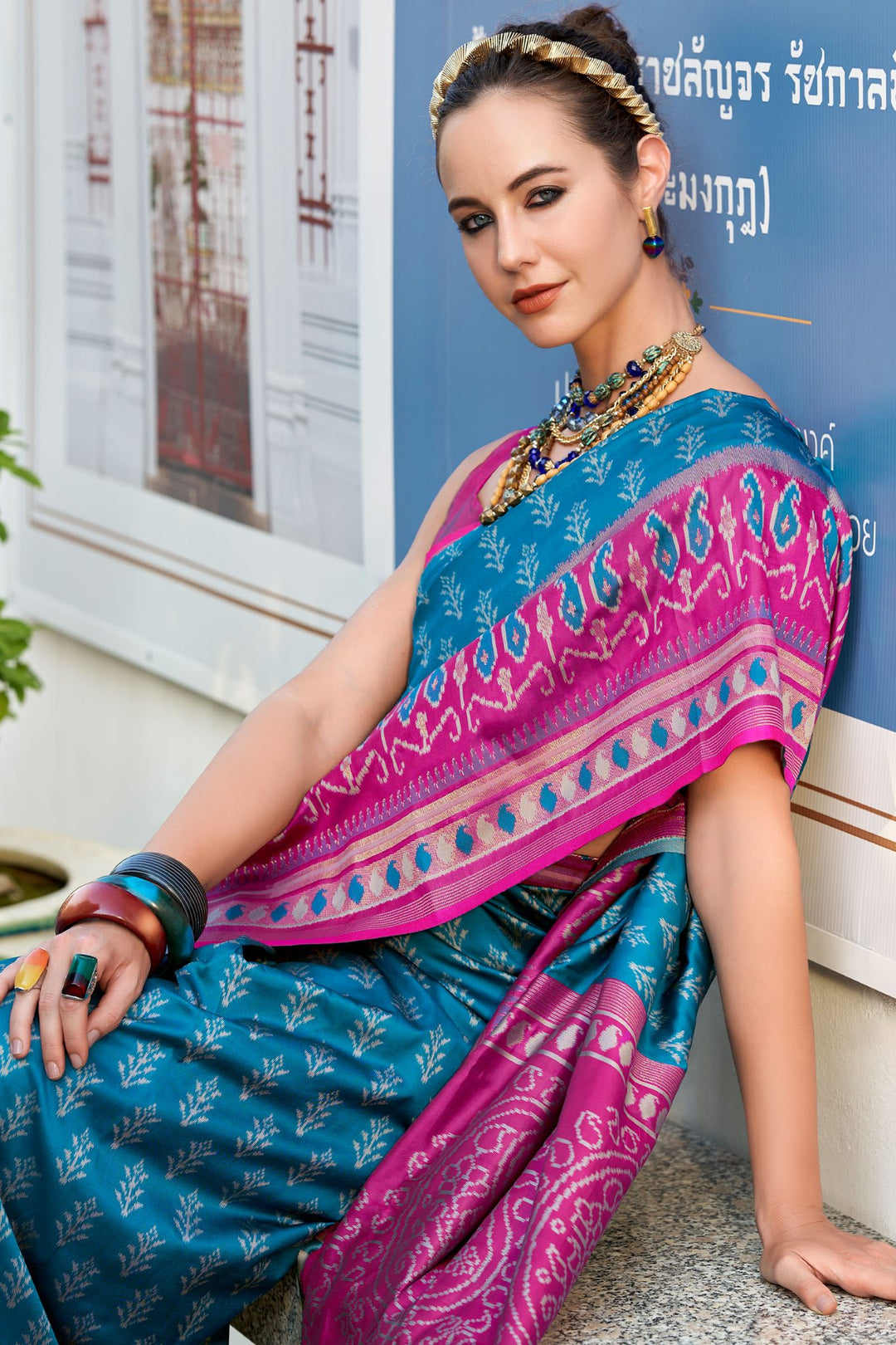 Bondi Blue Soft Ikkat Silk Saree