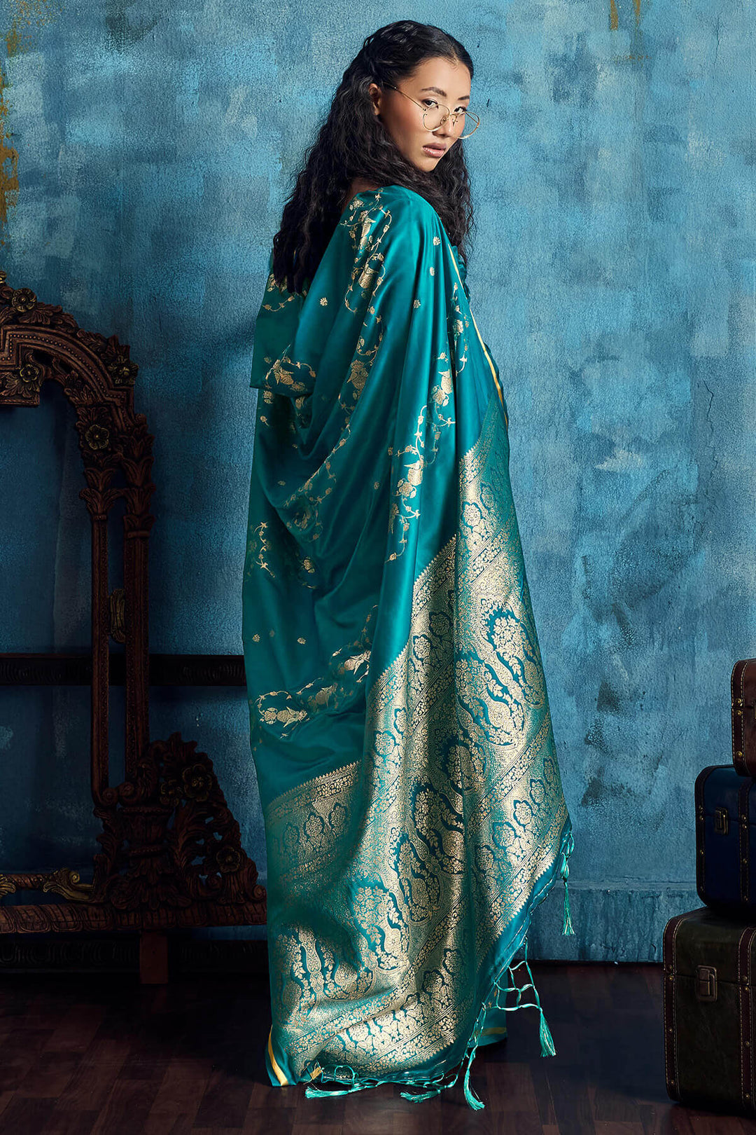 Bondi Blue Zari Woven Banarasi Satin silk saree