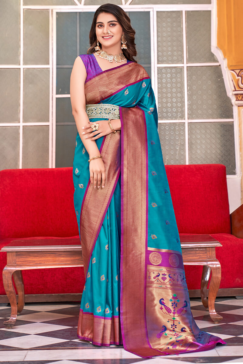 Bondi Blue Zari Woven Paithani Silk Saree