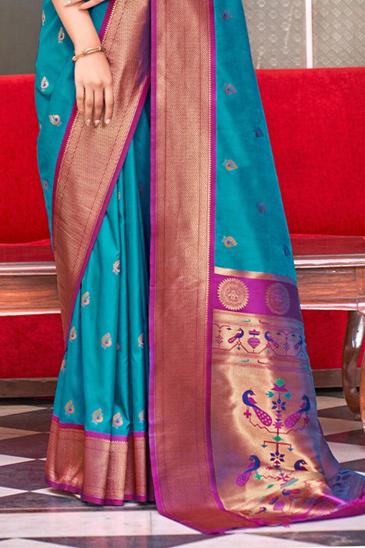 Bondi Blue Zari Woven Paithani Silk Saree