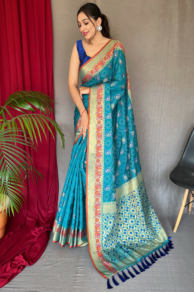 Bondi Blue Zari Woven Patola Silk Saree