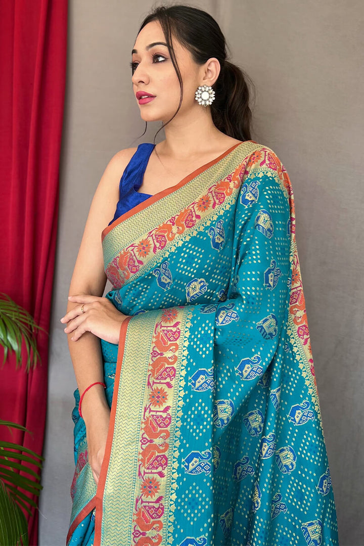 Bondi Blue Zari Woven Patola Silk Saree