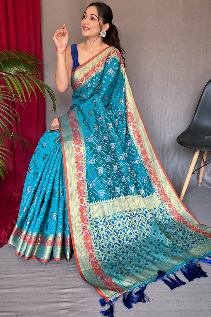 Bondi Blue Zari Woven Patola Silk Saree