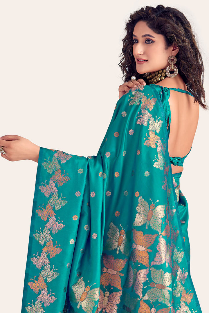 Bondi Blue Zari Woven Soft Banarasi Silk Saree