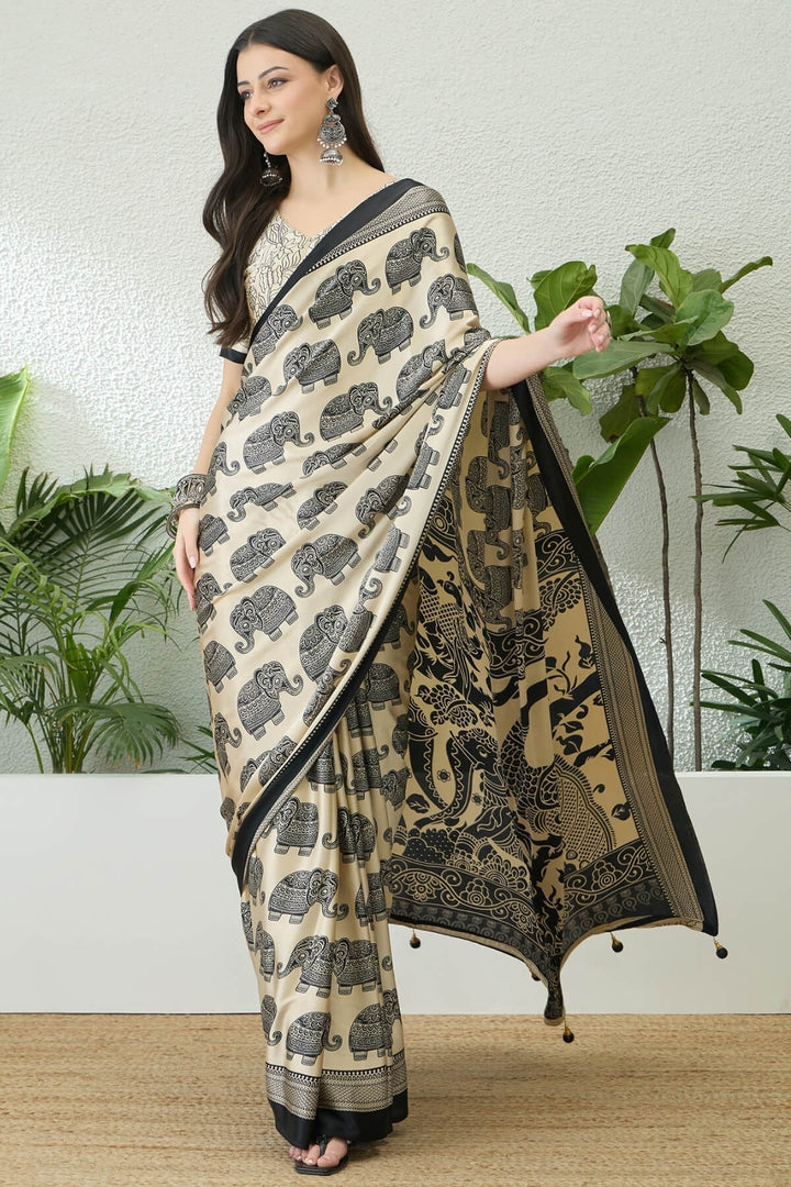 Bone Beige Ajrakh Printed Satin Silk Saree