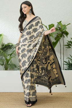 Bone Beige Ajrakh Printed Satin Silk Saree