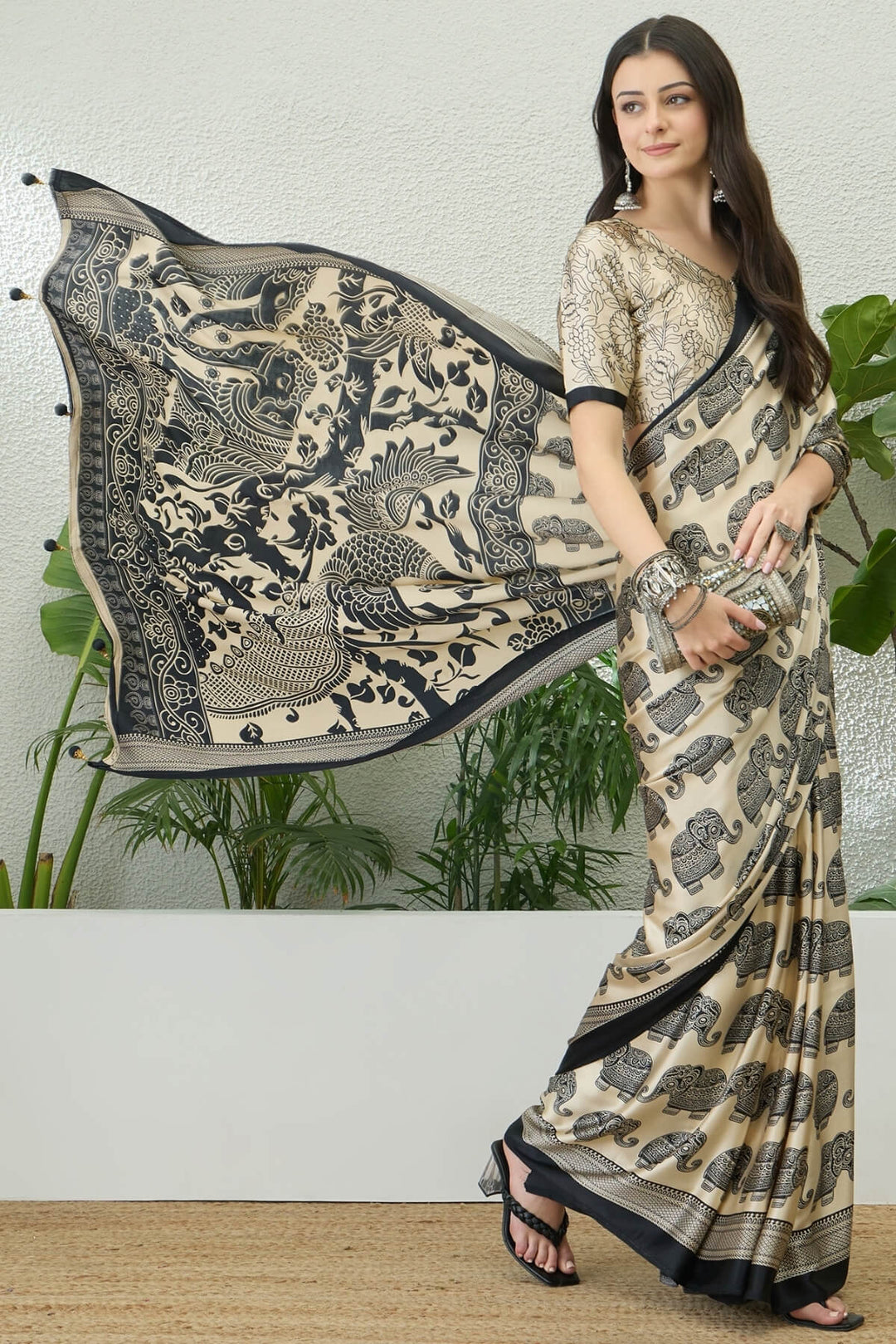 Bone Beige Ajrakh Printed Satin Silk Saree