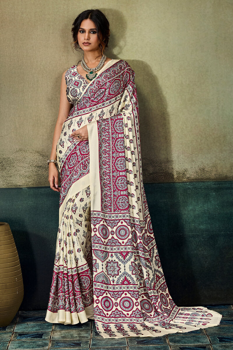 Bone Beige Ajrakh Printed Semi Modal Satin Silk Saree