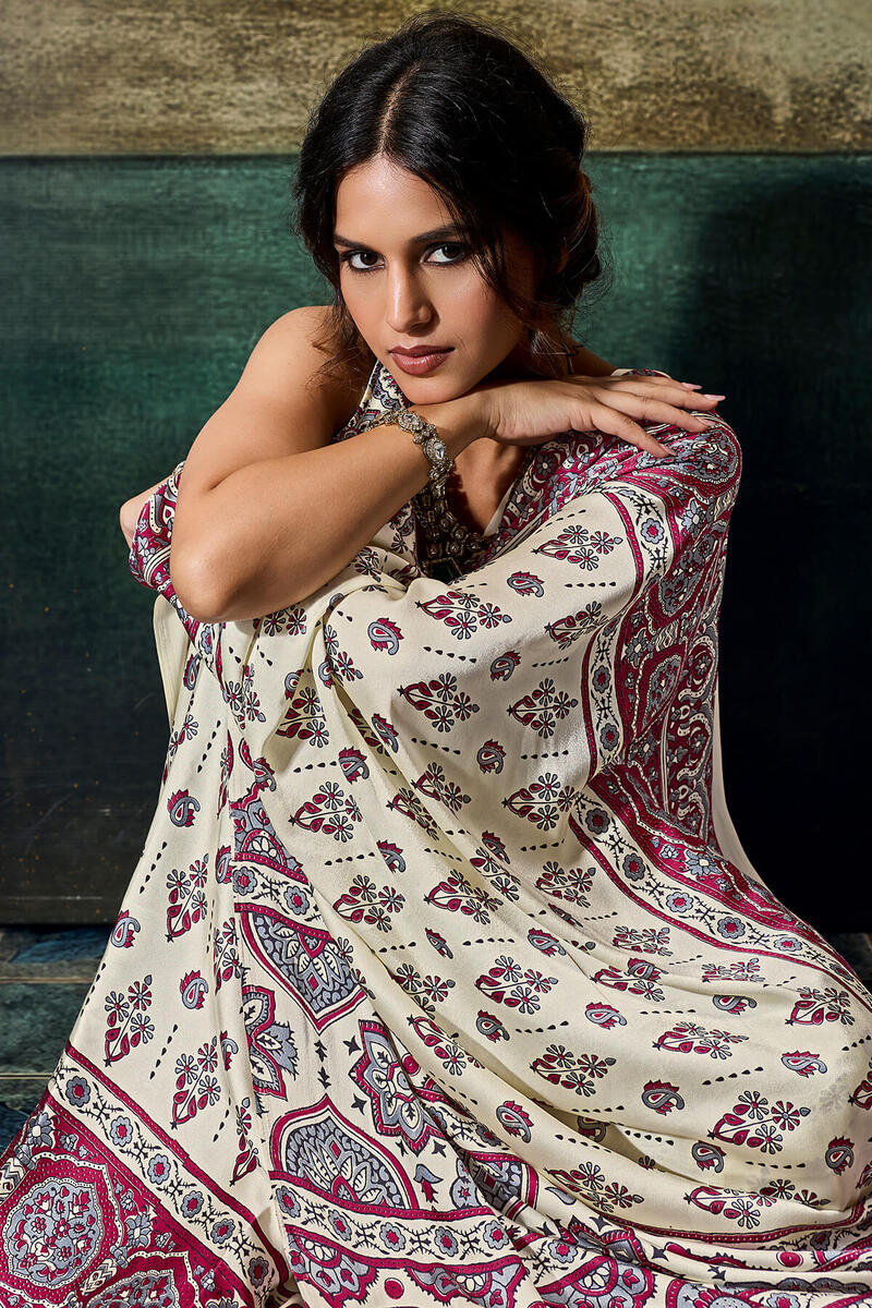 Bone Beige Ajrakh Printed Semi Modal Satin Silk Saree
