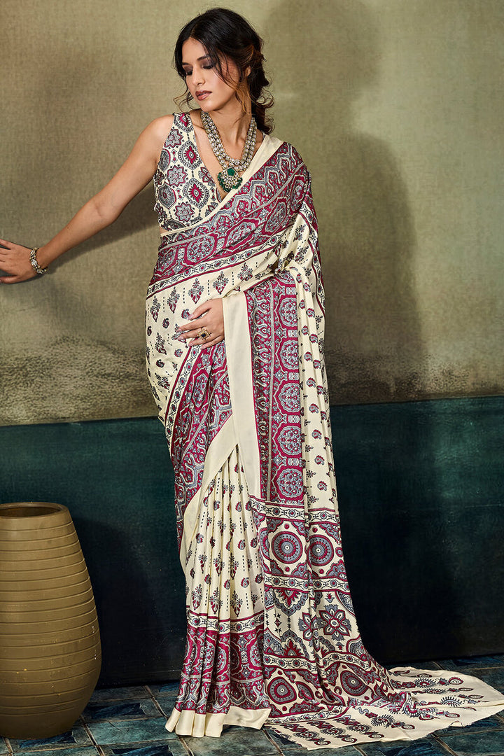 Bone Beige Ajrakh Printed Semi Modal Satin Silk Saree