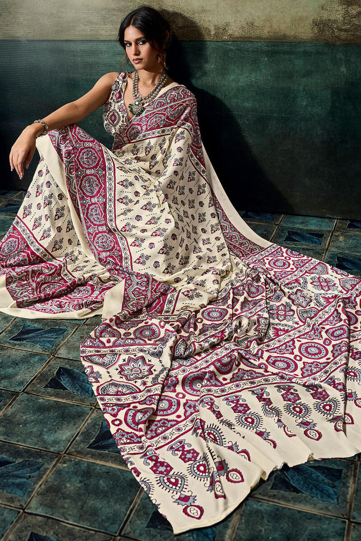 Bone Beige Ajrakh Printed Semi Modal Satin Silk Saree