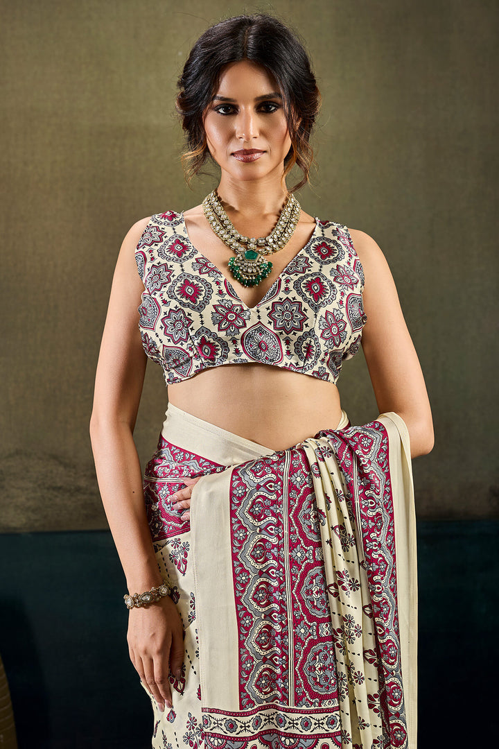 Bone Beige Ajrakh Printed Semi Modal Satin Silk Saree