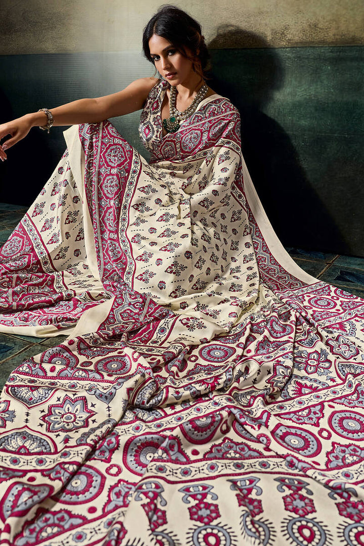 Bone Beige Ajrakh Printed Semi Modal Satin Silk Saree