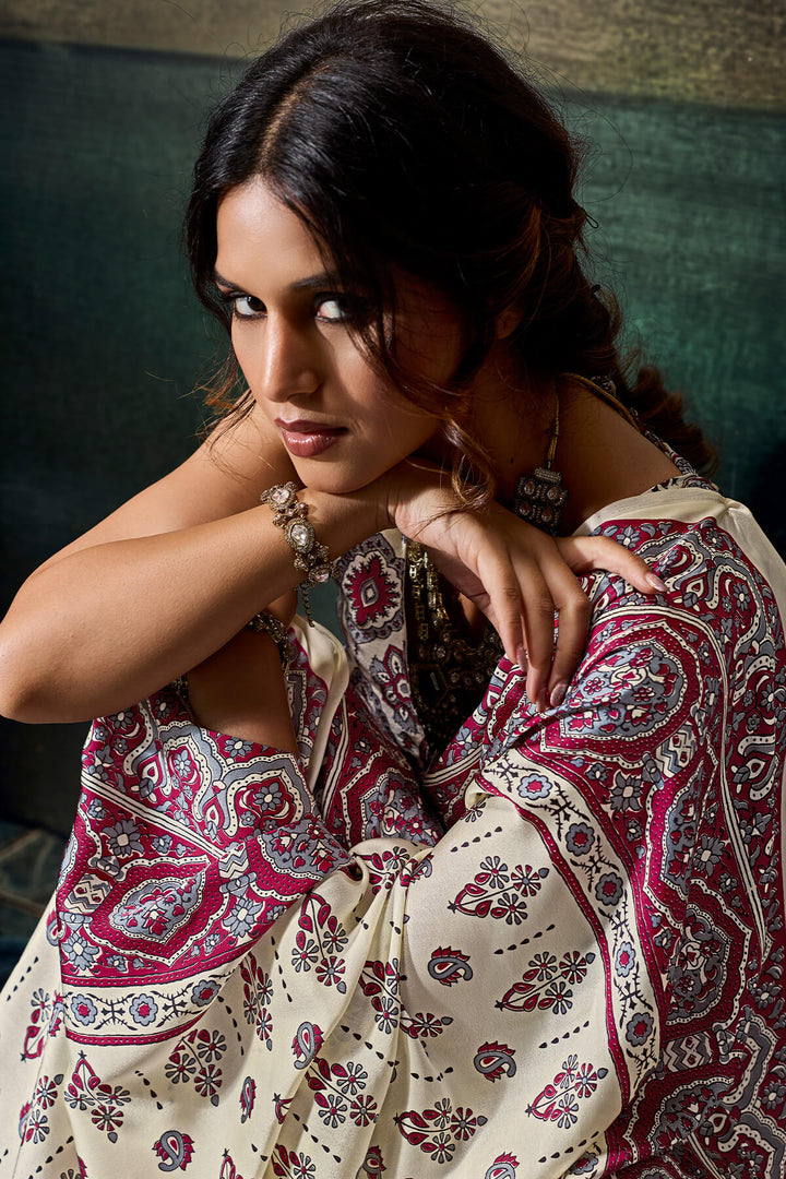 Bone Beige Ajrakh Printed Semi Modal Satin Silk Saree