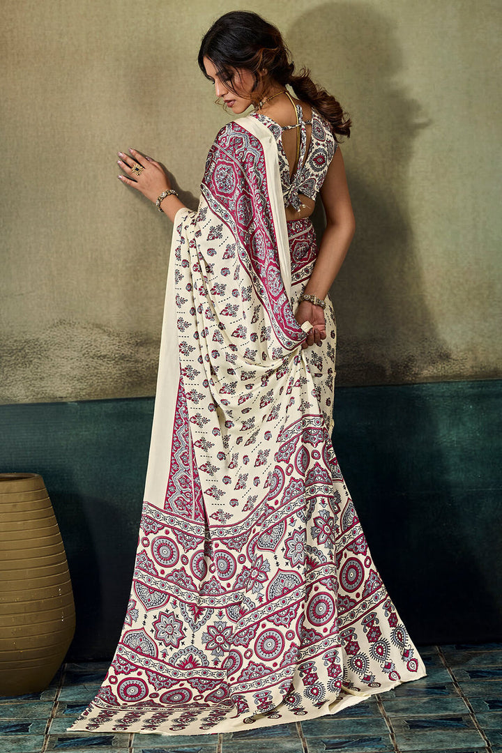 Bone Beige Ajrakh Printed Semi Modal Satin Silk Saree