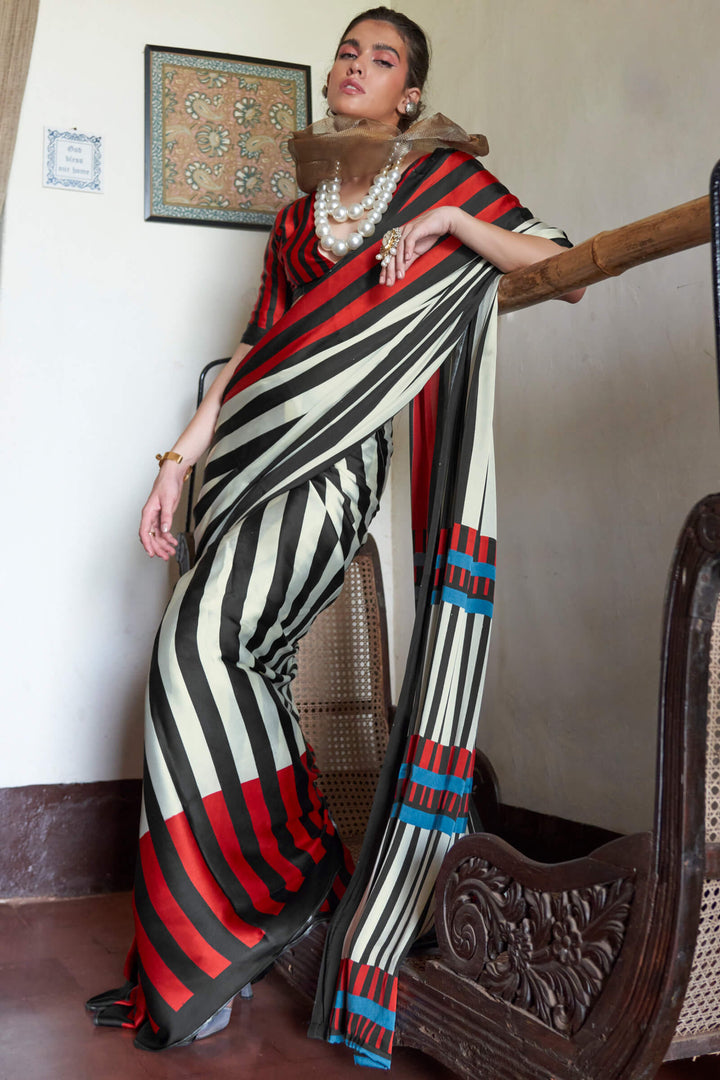 Bone Beige and Black Printed Satin silk Saree