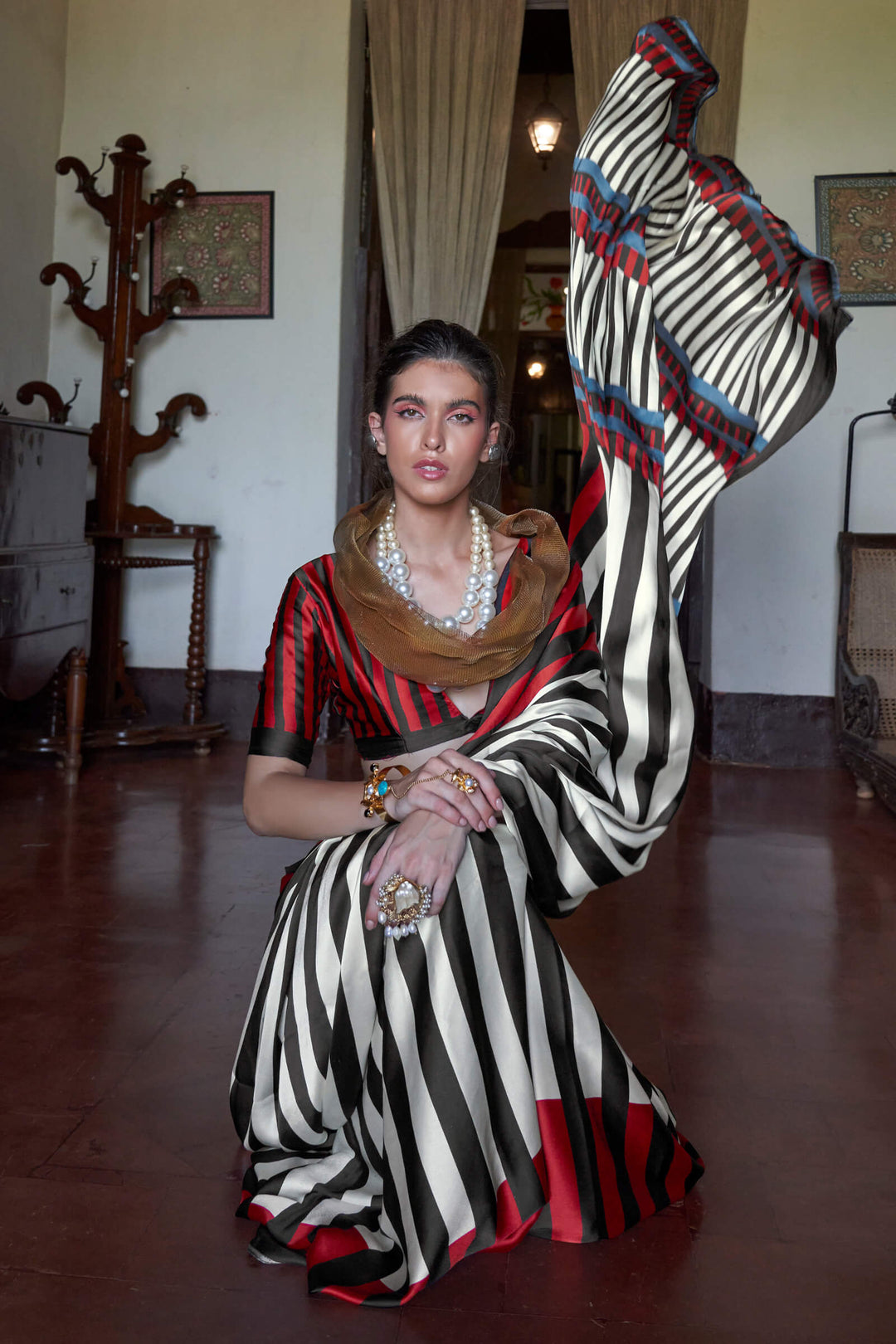 Bone Beige and Black Printed Satin silk Saree