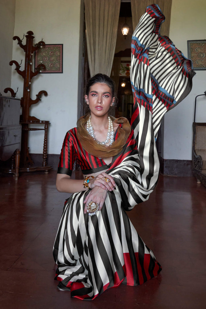 Bone Beige and Black Printed Satin silk Saree