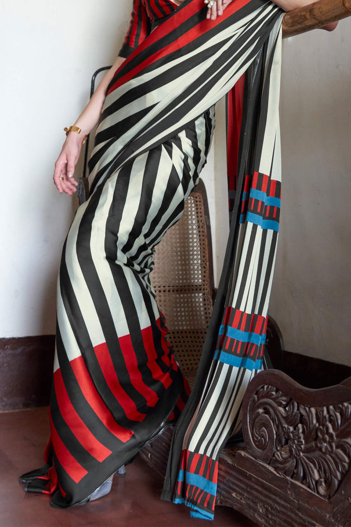Bone Beige and Black Printed Satin silk Saree