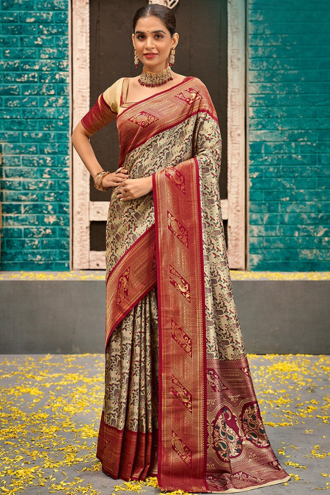 Bone Beige and Maroon Zari Woven Kanjivaram Silk Saree