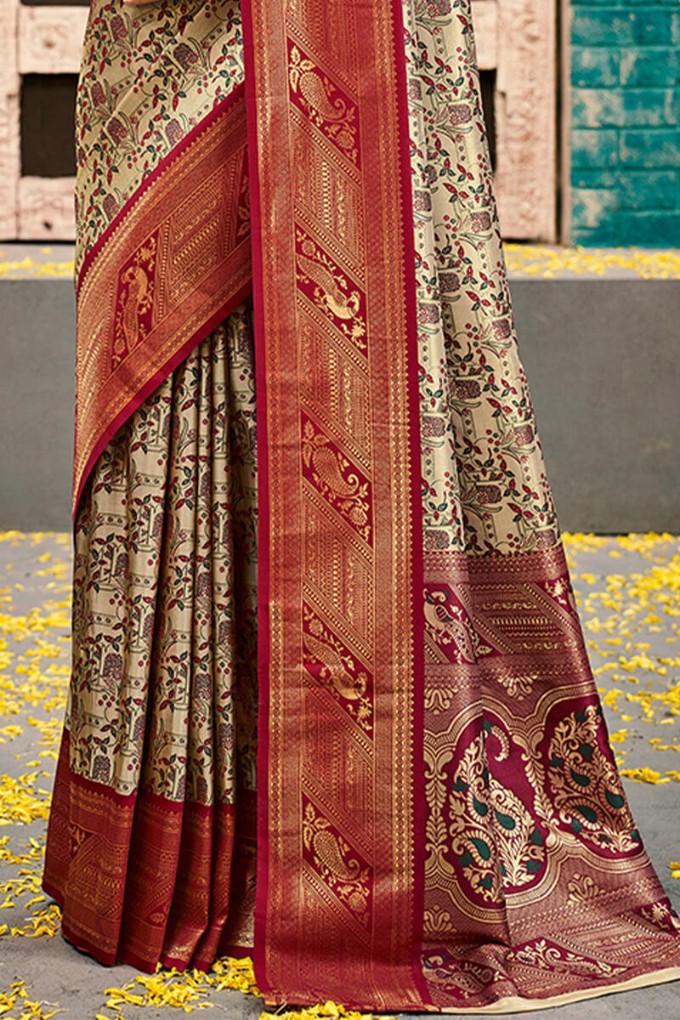 Bone Beige and Maroon Zari Woven Kanjivaram Silk Saree