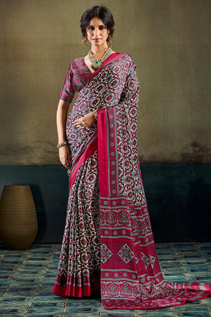 Bone Beige and Wine Ajrakh Printed Semi Modal Satin Silk Saree