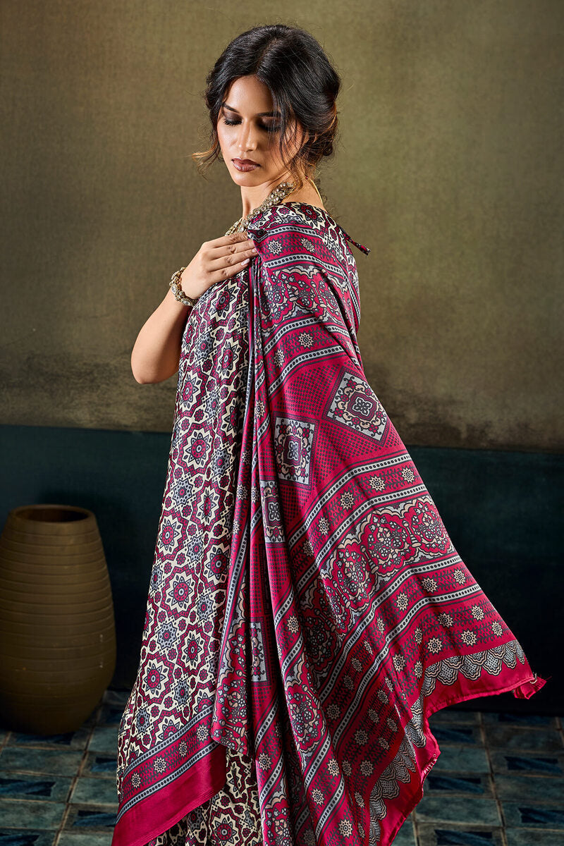 Bone Beige and Wine Ajrakh Printed Semi Modal Satin Silk Saree
