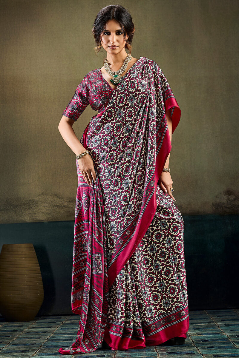 Bone Beige and Wine Ajrakh Printed Semi Modal Satin Silk Saree