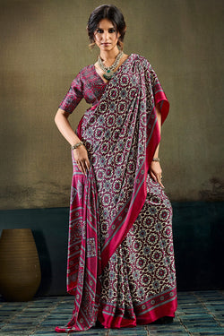 Bone Beige and Wine Ajrakh Printed Semi Modal Satin Silk Saree