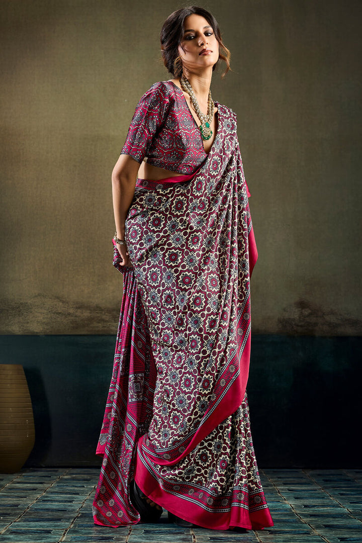 Bone Beige and Wine Ajrakh Printed Semi Modal Satin Silk Saree