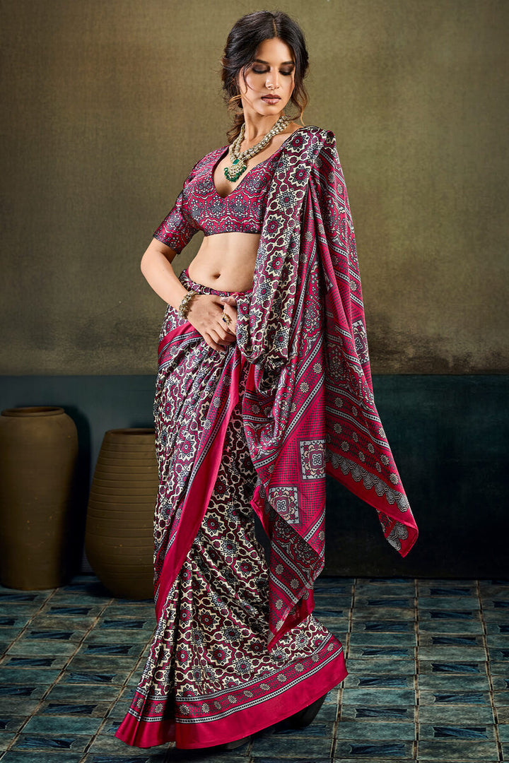 Bone Beige and Wine Ajrakh Printed Semi Modal Satin Silk Saree