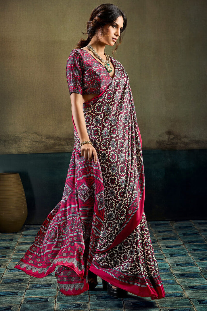 Bone Beige and Wine Ajrakh Printed Semi Modal Satin Silk Saree