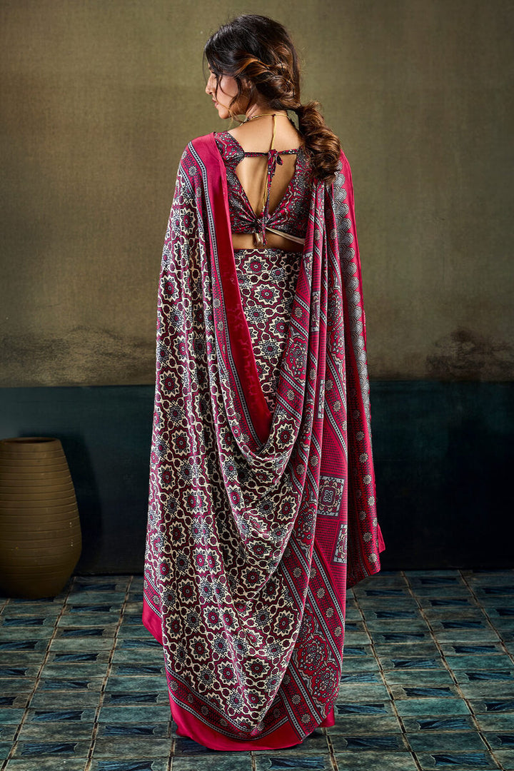 Bone Beige and Wine Ajrakh Printed Semi Modal Satin Silk Saree