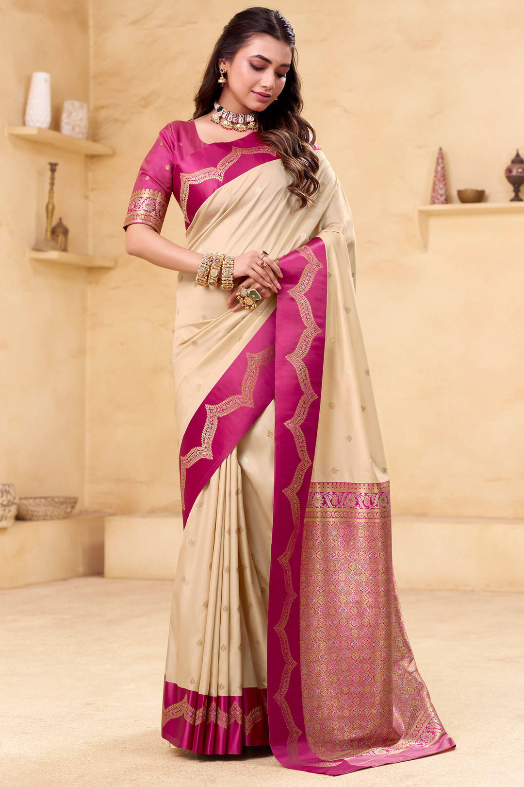 Bone Beige Banarasi Satin Silk Saree