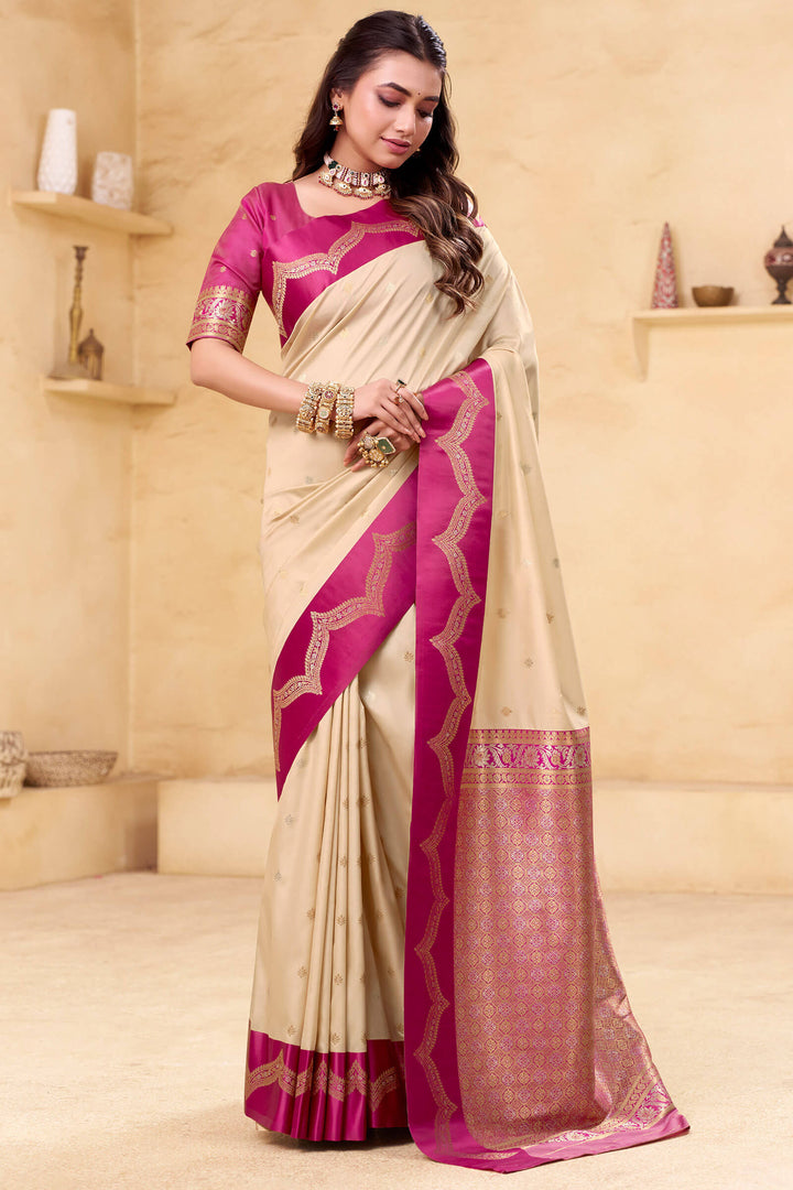 Bone Beige Banarasi Satin Silk Saree