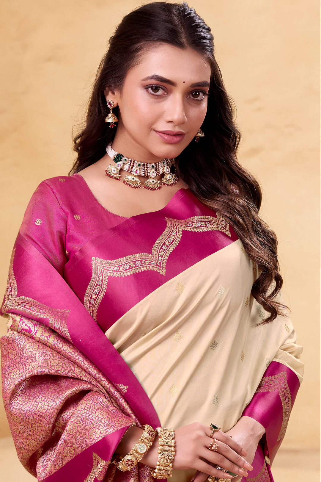 Bone Beige Banarasi Satin Silk Saree