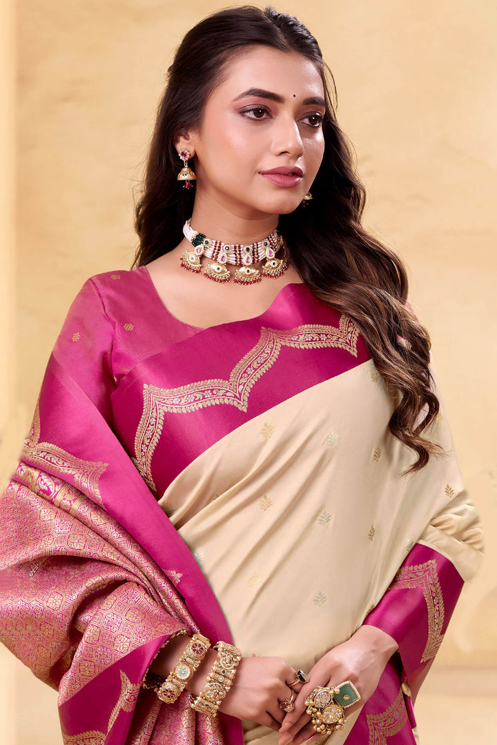 Bone Beige Banarasi Satin Silk Saree