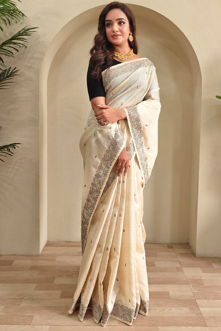 Bone Beige Embroidered Pure Loom Tussar Silk Saree