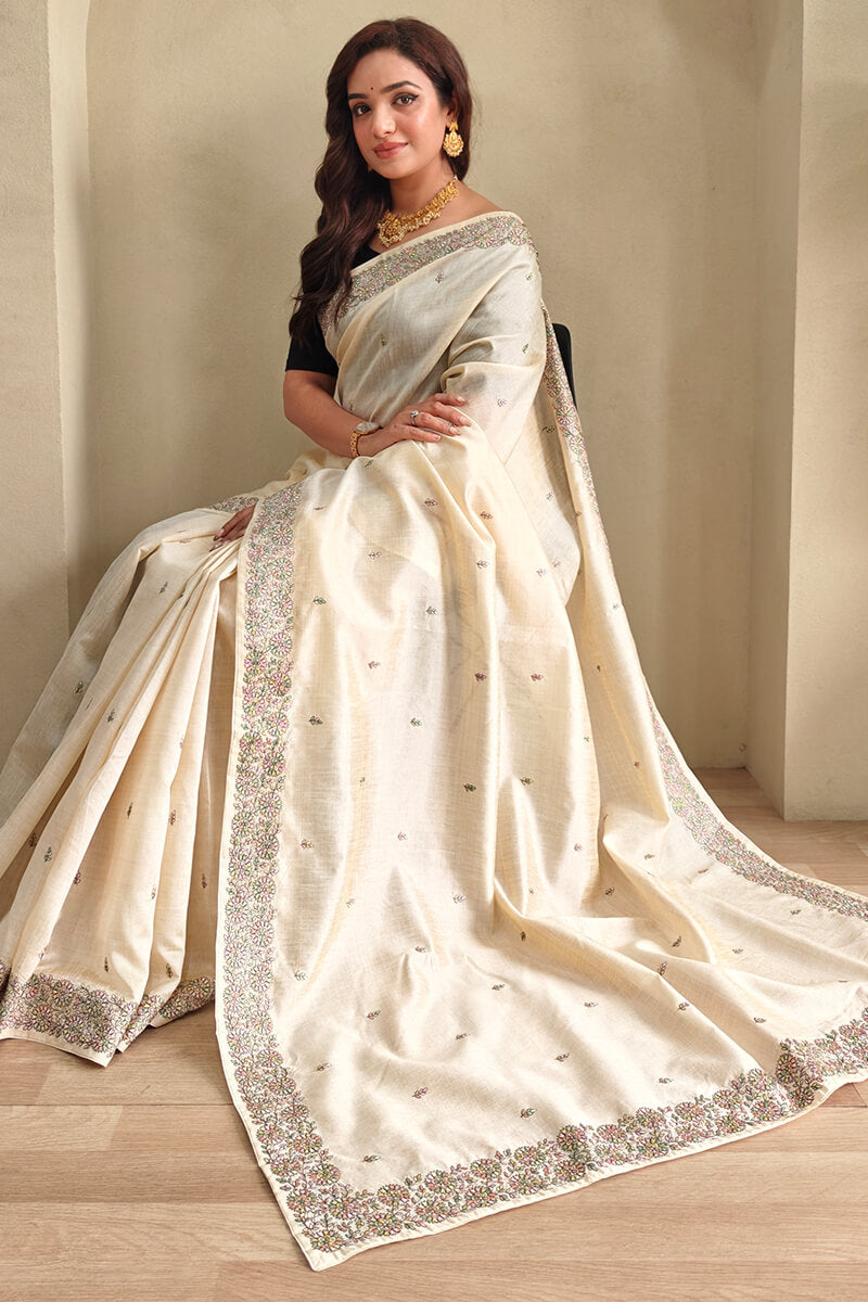 Bone Beige Embroidered Pure Loom Tussar Silk Saree