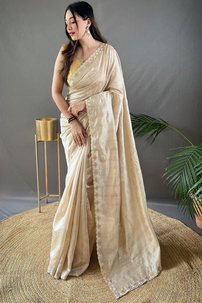 Bone Beige Embroidered SequenceWork Soft Silk Saree